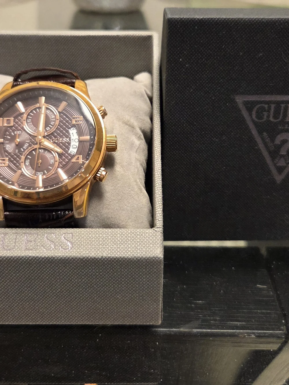 GUESS Men's Rose Gold and Brown Chronograph Watch